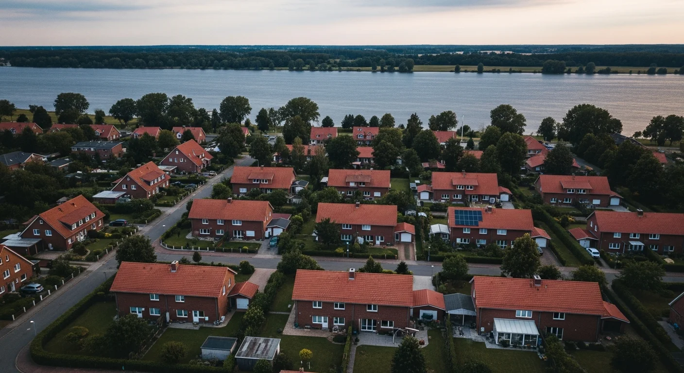 Wesermarsch aus der Luft — Wohngebiet mit Backsteinhäusern und Blick auf die Weser